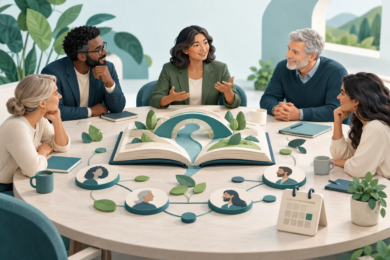 Illustration of professionals sharing resources and connections around a roundtable.