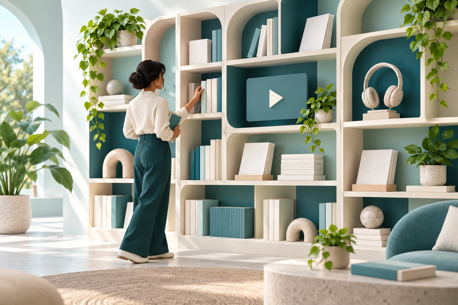 Illustration of an organized library of articles, books, video and audio resources.