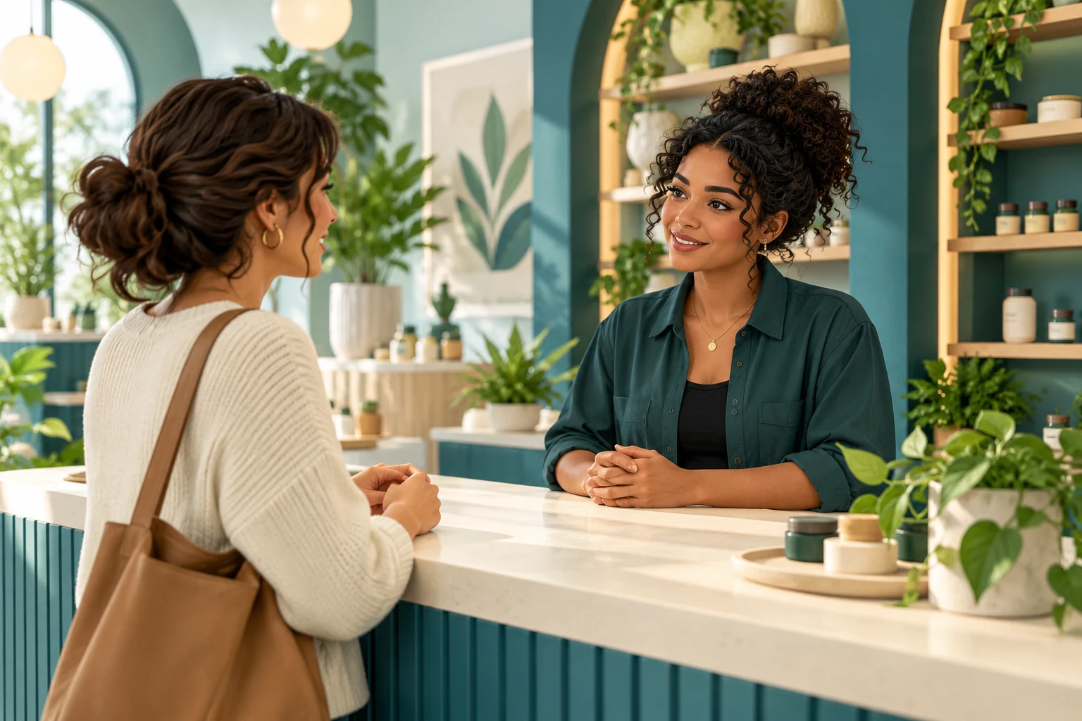 Illustration of a dispensary team member listening to an adult visitor.